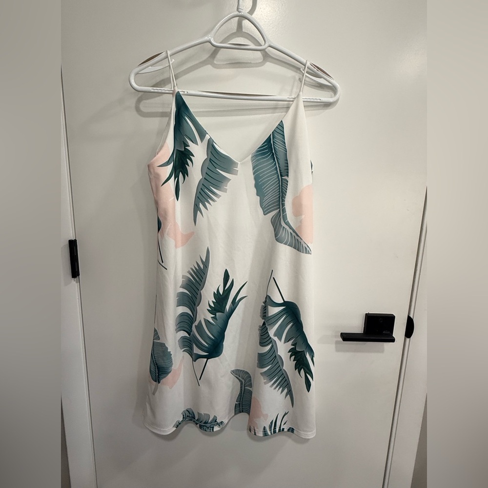 Tropical Leaf Print Beach Vacation Resortwear Slip Dress White Green Pink Size S - Picture 1 of 3